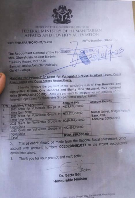 Nsipa fraud: memo showing minister betta edu paid n585m into private account surfaces