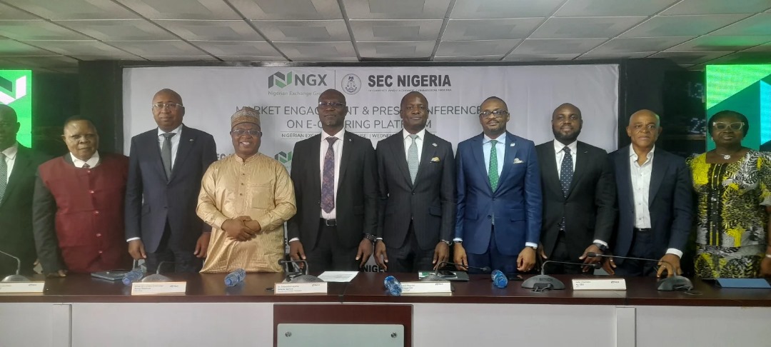 Sec officials and capital market top officials at a news conference at the stakeholder engagement session on the launch of the ngx e-offering platform held on wednesday in lagos.