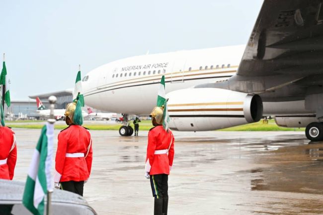 President tinubu departs for france in new presidential jet